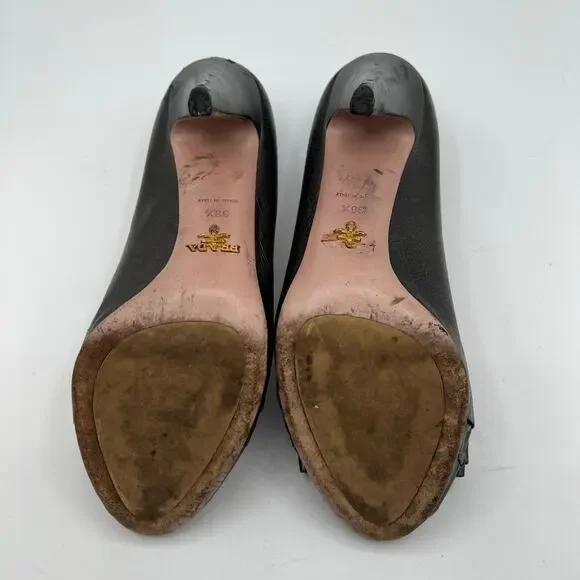 Prada Womens Size 38.5 US 7.5 Leather Heels Gunmetal Peep Hole Toe Made in Italy - Picture 9 of 16